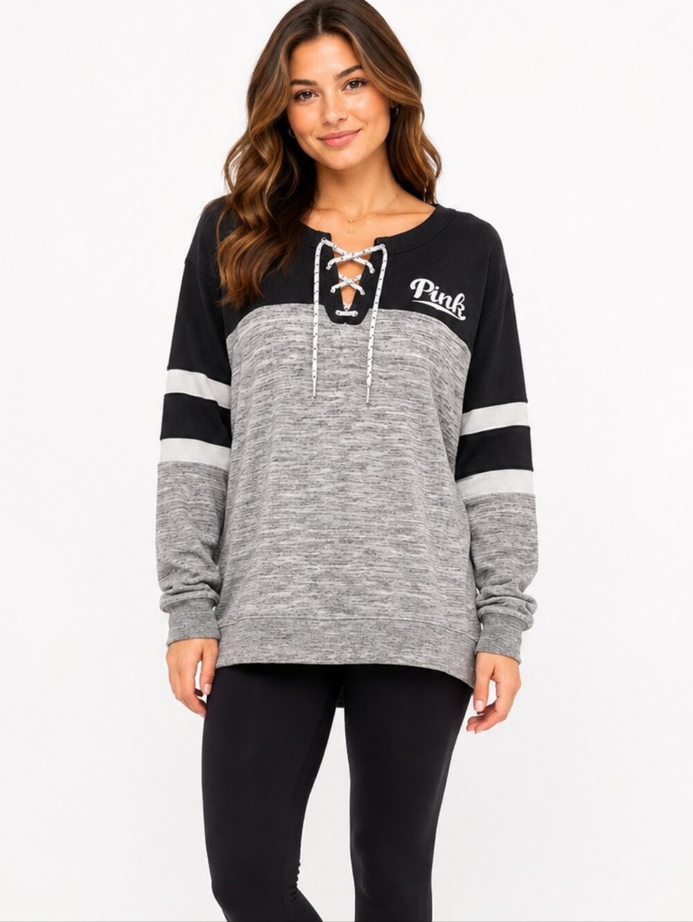 PINK Victoria's Secret Lace Up Sweatshirt Large Gray Black Colorblock Logo